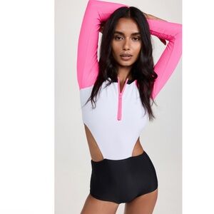 Beach Riot Bethany Rash Guard Swimsuit in Black Pink Colorblock size Large